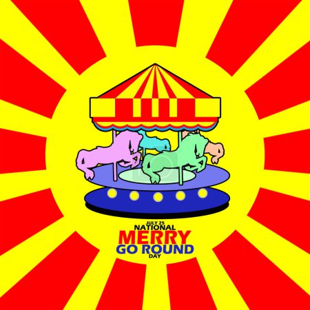 Illustration for Carousel game at carnival and bold text on yellow and red light lines background to celebrate National Merry Go Round Day on July 25 - Royalty Free Image
