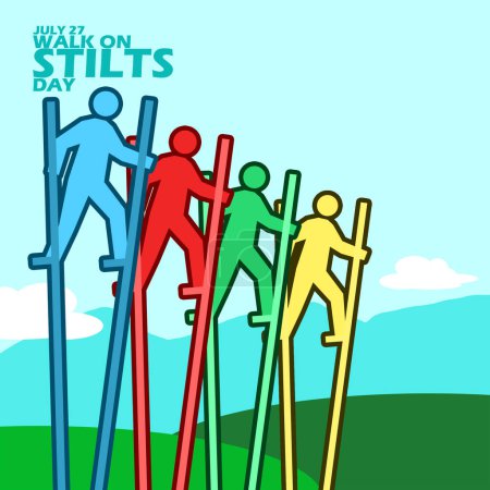 Illustration for Several icons of people riding on stilts in the courtyard outside, with bold text to celebrate Walk On Stilts Day on July 27 - Royalty Free Image