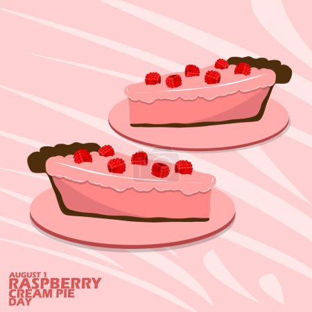 Photo for Two slices of Raspberry cream pie on a wooden plate, with bold text on a pink background to celebrate National Raspberry Cream Pie Day on August 1st - Royalty Free Image