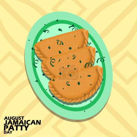 Illustration for A delicious snack called the Jamaican Patty served on oval plate on light yellow background to celebrate National Jamaican Patty Day on August - Royalty Free Image
