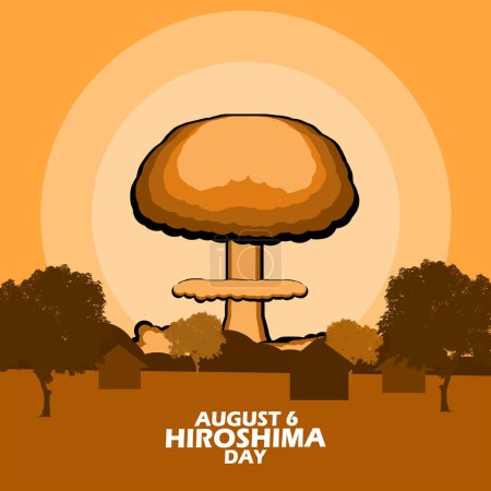 Téléchargez les illustrations : Illustration d'une explosion de bombe atomique pour former un nuage de champignons, avec un texte audacieux pour commémorer la Journée d'Hiroshima le 6 août - en licence libre de droit
