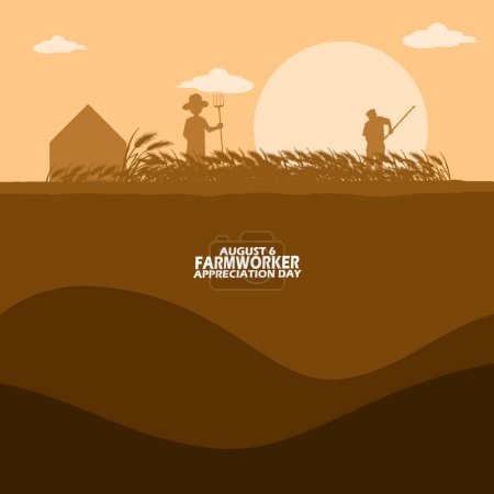 Illustration for View of farm fields with farmers working at sunrise, with bold text to commemorate Farmworker Appreciation Day on August 6 - Royalty Free Image