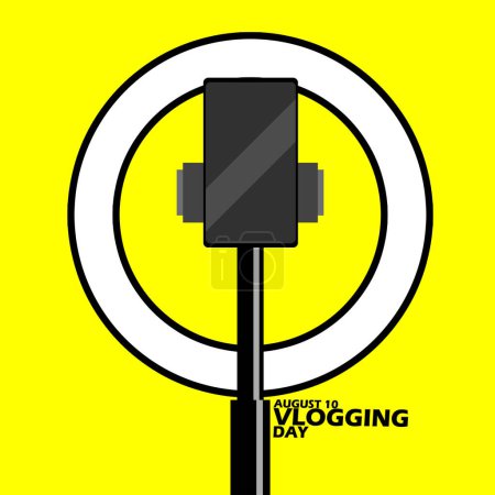 Illustration for A cellphone hanging on the phone holder with a ring light, with bold text on yellow background to commemorate Vlogging Day on August 10 - Royalty Free Image