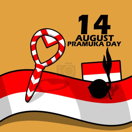 Téléchargez les illustrations : Une cravate scout avec un symbole des pousses de noix de coco, un drapeau indonésien, un ruban et un texte gras sur fond brun clair pour commémorer la Journée Pramuka le 14 août en Indonésie - en licence libre de droit