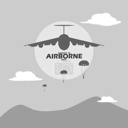 Illustration for An airplane with paratroopers over the mountains on a cloudy sunny day, with bold text to commemorate National Airborne Day on August 16 - Royalty Free Image