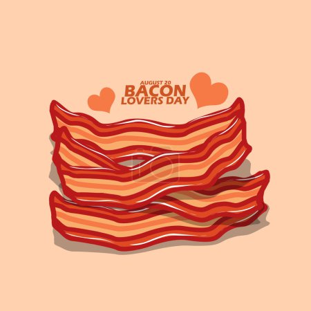 Téléchargez les illustrations : Du bacon rôti avec le symbole du cœur et un texte gras sur fond brun clair pour célébrer la Journée nationale des amateurs de bacon le 20 août - en licence libre de droit