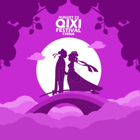 Illustration for Asian lovers meeting on a bridge with clouds and full moon, with bold text on purple background to commemorate Qi xi Festival on August 22 in China - Royalty Free Image