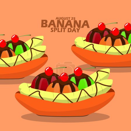 Photo for Delicious ice cream with bananas and cherries commonly called Banana Split ice cream, with bold text on light brown background to celebrate National Banana Split Day on August 25 - Royalty Free Image