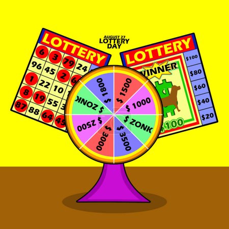 Photo for Wheel of fortune filled with prizes and two lottery coupons, with bold text on yellow background to commemorate International Lottery Day on August 27 - Royalty Free Image