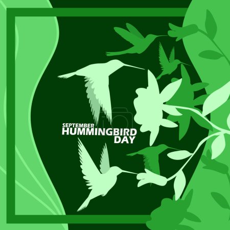 Photo for Illustration of a flying bird taking the essence of a flower called a hummingbird, with bold decoration and text on a dark green background to celebrate National Hummingbird Day in September - Royalty Free Image