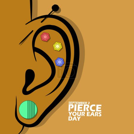 Illustration for Modern and stylish earring jewelry that is worn in someone's ear, with bold text on brown background to celebrate Pierce Your Ears Day on September 2 - Royalty Free Image