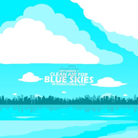 Ilustración de Vista de un cielo azul claro con grandes nubes sobre una ciudad densa cerca del océano, con texto en negrita para conmemorar el Día Internacional del Aire Limpio para el Cielo Azul el 7 de septiembre - Imagen libre de derechos