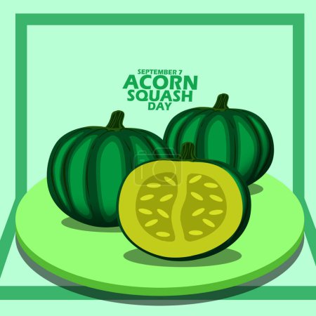 Photo for Several green water gourds named Acorn gourd or Pepper gourd or Des Moines gourd on wooden plate with bold text on light green background to celebrate National Acorn Squash Day on September 7 - Royalty Free Image