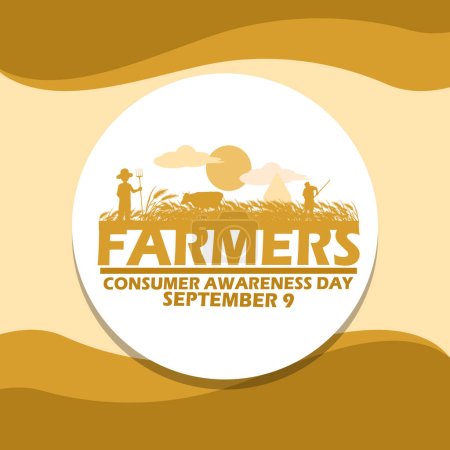 Photo for Illustration of a field with workers, house, cow, sun and clouds over bold text in circle frame on light brown background to commemorate Farmers Consumer Awareness Day on September 9 - Royalty Free Image