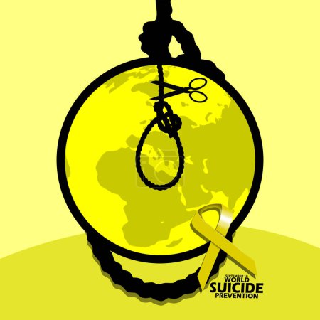 Photo for Earth icon with hanging rope and yellow ribbon with bold text on yellow background to commemorate World Suicide Prevention Day on September 10 - Royalty Free Image