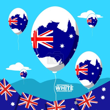 Photo for Several white balloons with the image of the Australian flag flying over the sky and mountains, with bold text to commemorate White Balloon Day on September 10 Australia - Royalty Free Image
