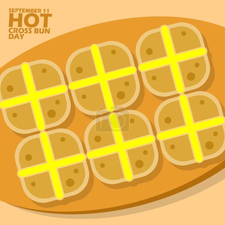 Photo for Some Hot Cross Bun buns on a wooden plate, with bold text on a light brown background to celebrate National Hot Cross Bun Day on September 11 - Royalty Free Image