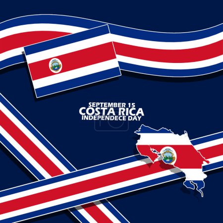 Photo for Costa Rica flag with country map, ribbon and bold text on dark blue background Costa Rica Independence Day on September 15 - Royalty Free Image