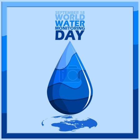 Ilustración de Icono de gota de agua en una combinación de paleta de colores azul con icono de tierra como sombra y texto en negrita en marco sobre fondo azul claro para conmemorar el Día Mundial del Monitoreo del Agua el 18 de septiembre - Imagen libre de derechos