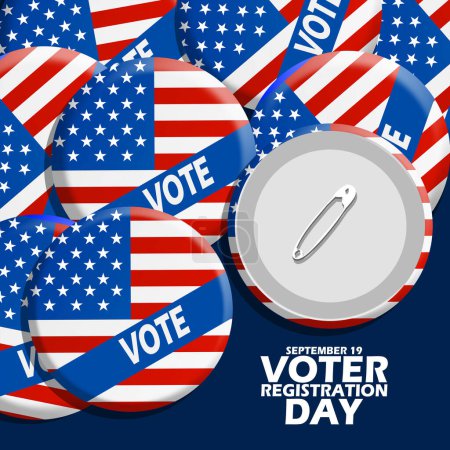 Photo for Stack of pins decorated with American flags and bold text on dark blue background to commemorate National Voter Registration Day on September 19 - Royalty Free Image