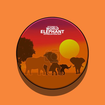 Photo for A round pin with a picture of elephants at sunset, with bold text isolated on orange background to commemorate National Elephant Appreciation Day on September 22 - Royalty Free Image