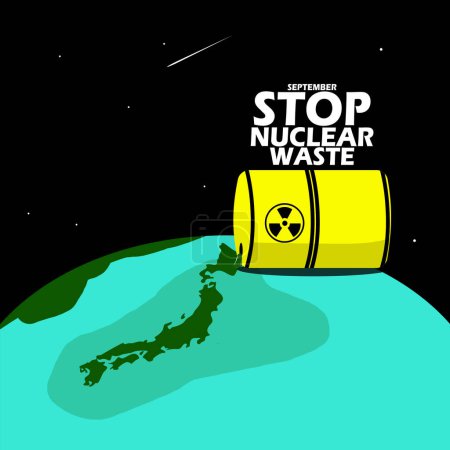 Illustration for Illustration of the Stop Nuclear Waste Banner campaign, a yellow barrel filled with liquid for disposal of nuclear waste dumped onto the map of Japan - Royalty Free Image