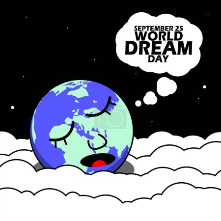 Téléchargez les illustrations : La terre dort paisiblement et rêve dans un lit de nuages doux, avec un texte audacieux pour commémorer la Journée mondiale des rêves le 25 septembre - en licence libre de droit