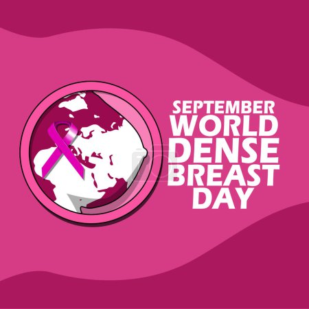 Ilustración de Icono de pecho con decoración de tierra y cinta rosa en marco de círculo, con texto en negrita sobre fondo rosa oscuro para conmemorar el Día Mundial del Seno en septiembre - Imagen libre de derechos