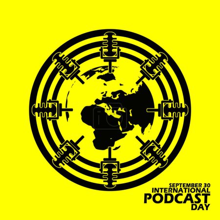 Ilustración de Icono de la Tierra rodeado de micrófono de podcast y marco de círculo con texto en negrita aislado sobre fondo amarillo para conmemorar el Día Internacional del Podcast el 30 de septiembre - Imagen libre de derechos