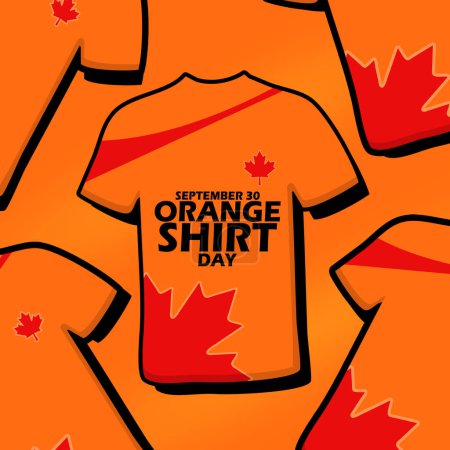 Ilustración de Camisas de color naranja decoradas con símbolos de hoja de arce de la bandera canadiense, con texto en negrita sobre fondo naranja para conmemorar el Día de la Camisa Naranja el 30 de septiembre en Canadá - Imagen libre de derechos