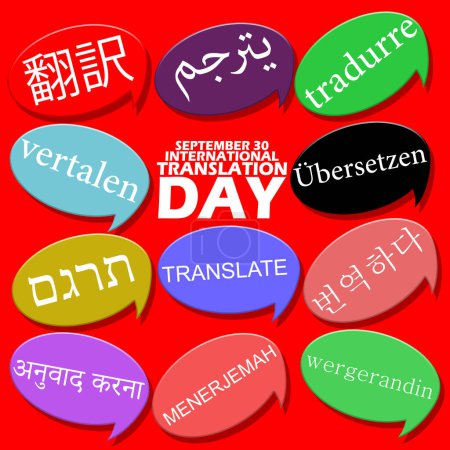 Ilustración de Varias palabras en varios idiomas que significan traducir sobre fondo rojo para conmemorar el Día Internacional de la Traducción el 30 de septiembre - Imagen libre de derechos