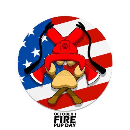Photo for Paw icon wearing firefighter hat with a pair of axe and a pair of fire extinguishers in circle American flag frame, with bold text on white background to commemorate National Fire Pup Day on October 1 - Royalty Free Image