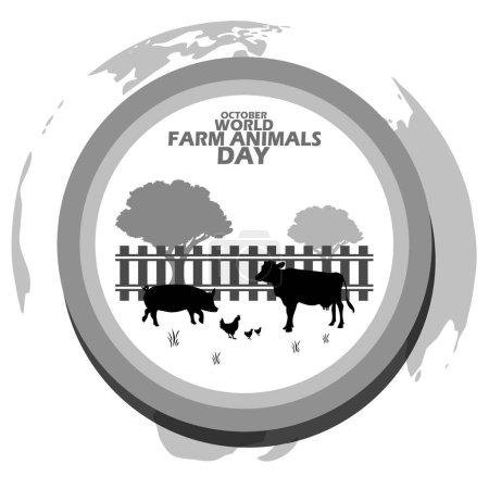 Photo for A plate containing a picture of a farm field with cow, pig, chicken, chicks, fences, trees and bold text on white background to commemorate World Farm Animals Day on October 2 - Royalty Free Image