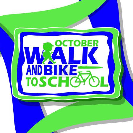 Téléchargez les illustrations : Icône d'un enfant marchant et d'un vélo, avec rubans et texte gras sur fond blanc pour commémorer la Journée nationale de la marche et du vélo jusqu'à l'école le 4 octobre - en licence libre de droit