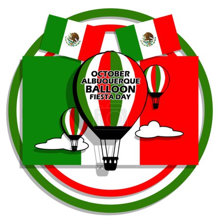 Ilustración de Globos de aire caliente con nubes en la bandera de México con texto en negrita sobre fondo blanco para conmemorar la Fiesta Internacional del Globo de Albuquerque en octubre en México - Imagen libre de derechos