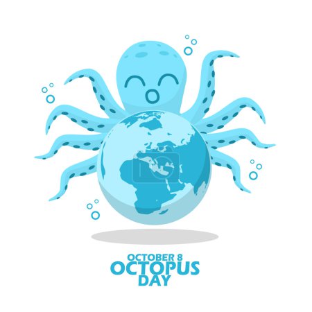 Photo for A cute smiling octopus with its tentacles behind the earth, with bold text on a white background to commemorate World Octopus Day on October 8 - Royalty Free Image
