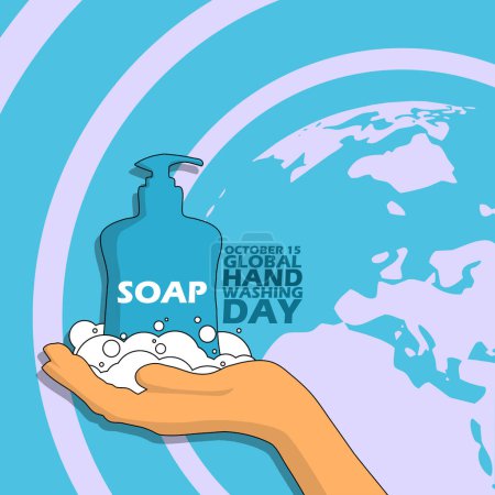 Photo for Bottle of liquid soap above foaming hand with earth and bold text on light blue background to commemorate Global Handwashing Day on October 15 - Royalty Free Image