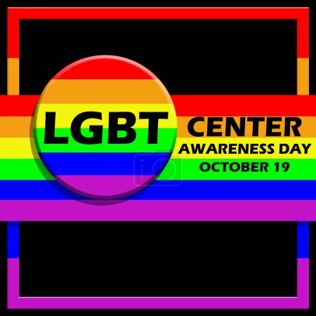 Ilustración de Pin redondo con bandera LGBT, texto en negrita y marco sobre fondo negro para conmemorar el Día de Concientización del Centro LGBT el 19 de octubre - Imagen libre de derechos