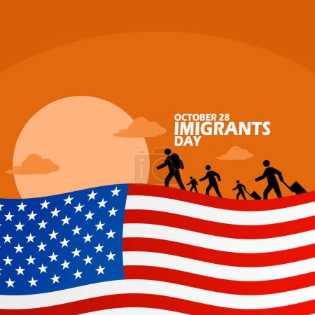 Photo for Illustration of immigrants walking at sunset, with an American flag and bold text on orange background to commemorate National Immigrants Day on October 28 - Royalty Free Image