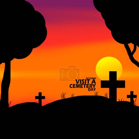 Téléchargez les illustrations : Cimetière avec pierres tombales en croix au coucher du soleil, avec texte audacieux pour commémorer la visite d'un jour de cimetière en Octobre - en licence libre de droit