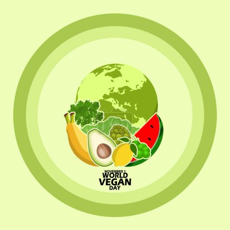 Photo for Fruits and vegetables with earth behind them and bold text in circle frame on light green background to celebrate World Vegan Day on November 1 - Royalty Free Image