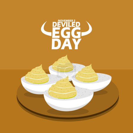 Illustration for Boiled eggs topped with mustard and chili spices served on wooden plate, with bold text on brown background to celebrate National Deviled Egg Day on November 2 - Royalty Free Image