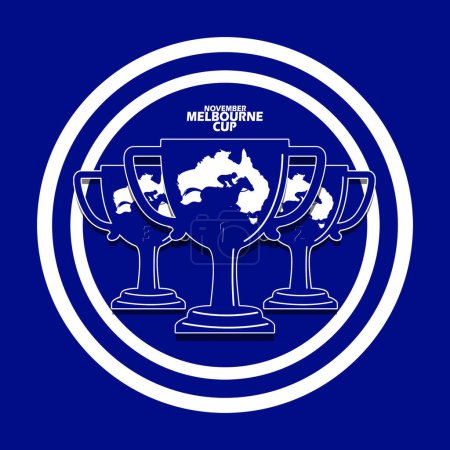 Photo for Icons of first, second and third place trophies decorated with an Australian map and a horse rider, with bold text in circle frame on dark blue background to commemorate Melbourne Cup Day on November - Royalty Free Image