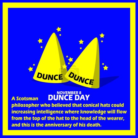 Photo for Two yellow conical hats with the words Dunce and the stars, with bold text and sentences in frame on blue background to commemorate National Dunce Day on November 8 - Royalty Free Image