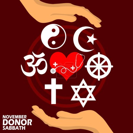 Ilustración de Símbolos religiosos con un corazón rojo, estetoscopio, manos y texto en negrita sobre fondo rojo oscuro para conmemorar el Sábado Nacional de Donantes en noviembre - Imagen libre de derechos