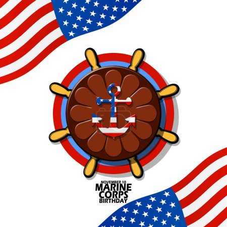 Illustration for Anchor on chocolate cake served on a plate decorated with American flags and bold text on white background to commemorate Marine Corps Birthday on November 10 - Royalty Free Image