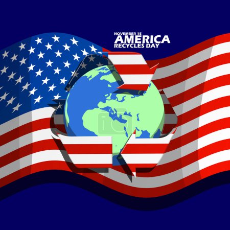 Téléchargez les illustrations : Recycler et icône de la terre sur le drapeau américain, avec un texte audacieux pour commémorer l'Amérique Recycle Day le 15 Novembre - en licence libre de droit