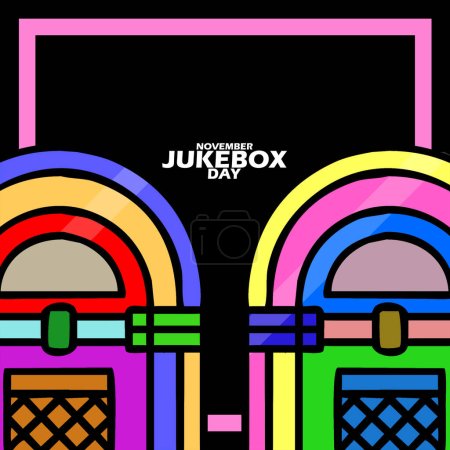 Ilustración de Dos coloridas Jukeboxes, con texto en negrita sobre fondo negro para celebrar el Día Nacional de Jukebox en noviembre - Imagen libre de derechos