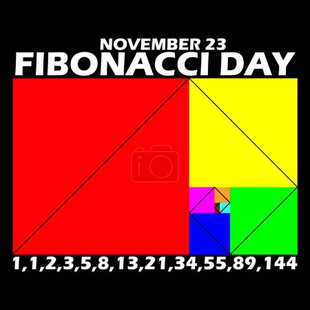 Téléchargez les illustrations : Les carrés colorés sont les symboles d'une formule mathématique appelée la formule Fibonacci, avec un texte en gras sur un fond noir pour commémorer la fête de Fibonacci le 23 Novembre - en licence libre de droit