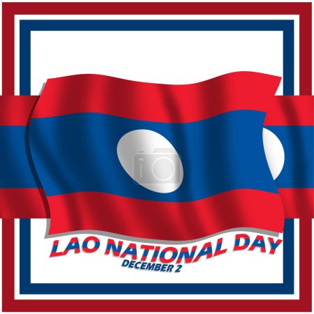 Illustration for Waving Lao flag with ribbon and bold text in frame on white background to commemorate Lao National Day on December 2 - Royalty Free Image